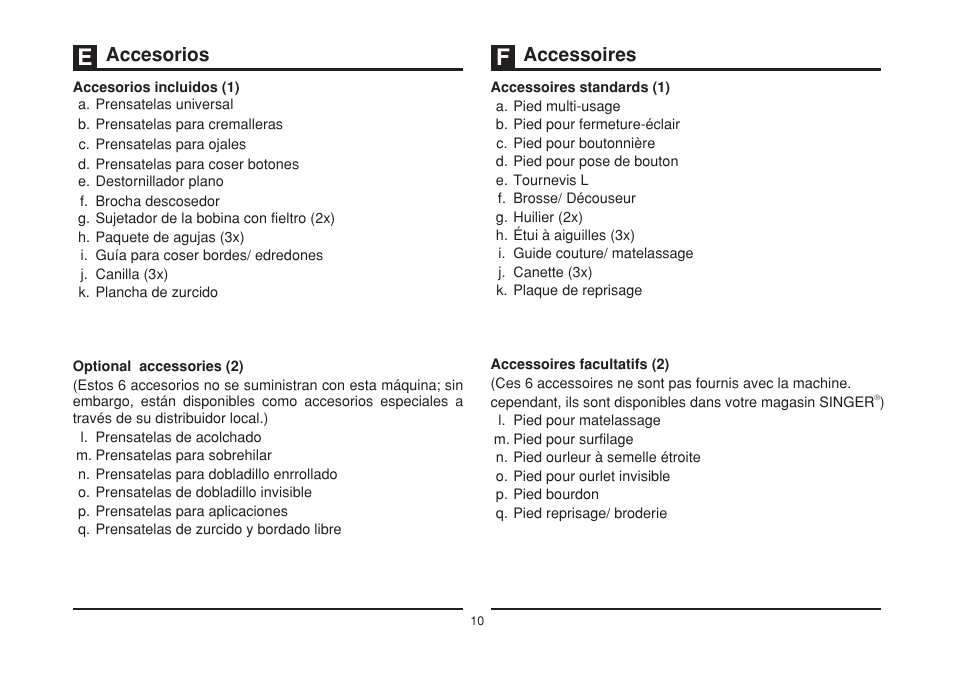 Accesorios accessoires | SINGER 1408 User Manual | Page 17 / 62