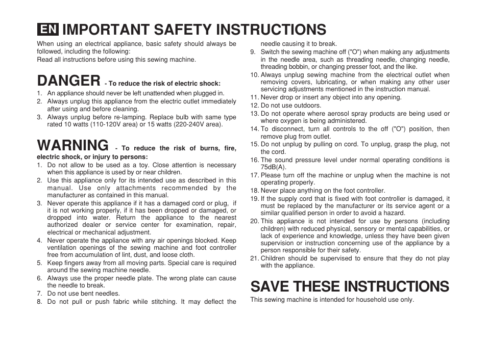 Danger save these instructions, Warning, Important safety instructions | SINGER 1408 User Manual | Page 2 / 62