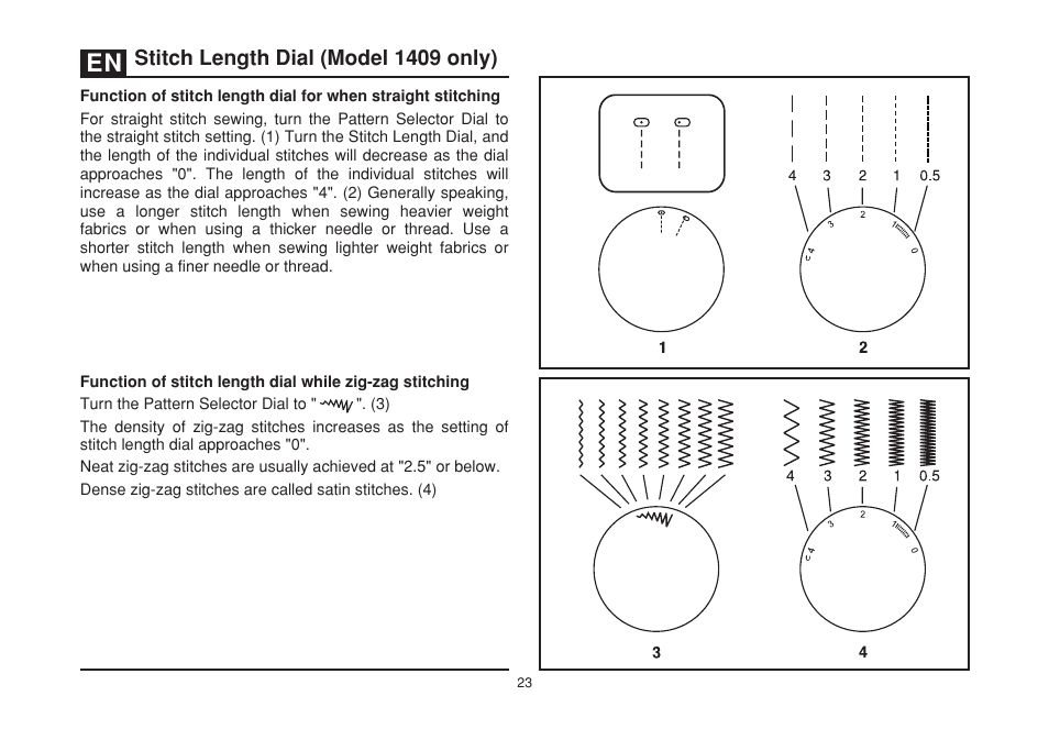 Stitch length dial (model 1409 only) | SINGER 1408 User Manual | Page 30 / 62