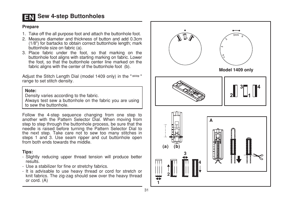 Sew 4-step buttonholes | SINGER 1408 User Manual | Page 38 / 62