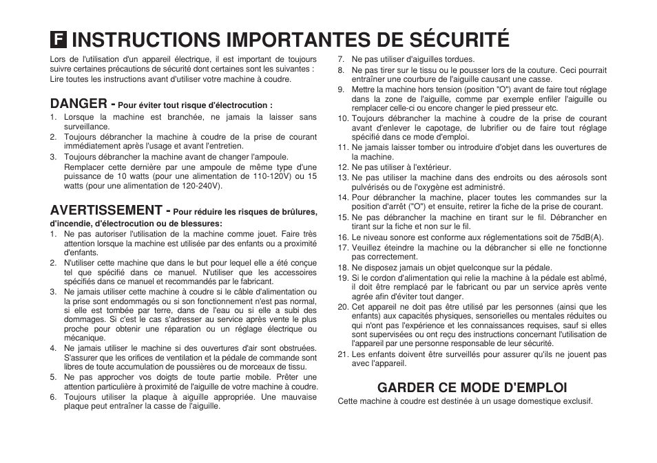 Instructions importantes de sécurité, Danger - avertissement, Garder ce mode d'emploi | SINGER 1408 User Manual | Page 4 / 62