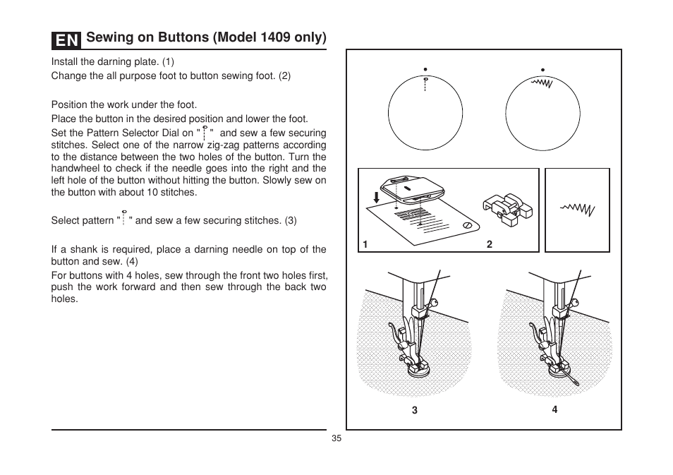 Sewing on buttons (model 1409 only) | SINGER 1408 User Manual | Page 42 / 62