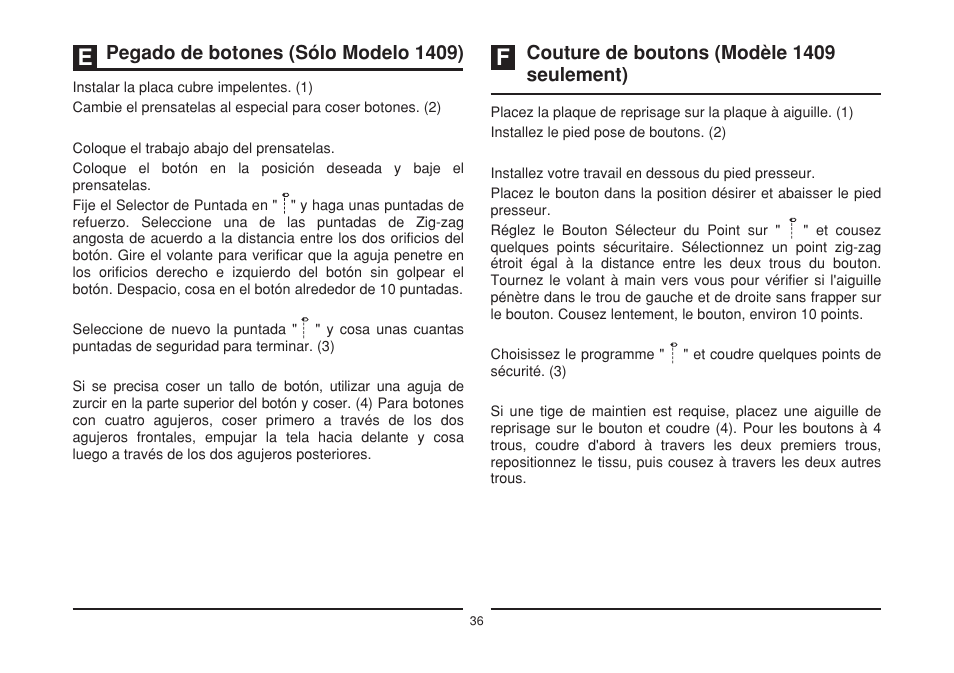 Pegado sólo modelo 1409 de botones ( ), Couture de boutons (modèle 1409 seulement) | SINGER 1408 User Manual | Page 43 / 62