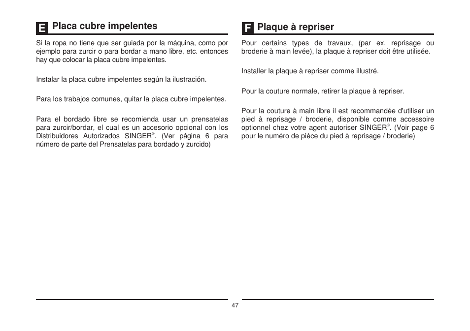 Placa cubre impelentes, Plaque à repriser | SINGER 1408 User Manual | Page 54 / 62