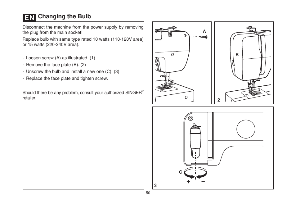 Changing the bulb | SINGER 1408 User Manual | Page 57 / 62