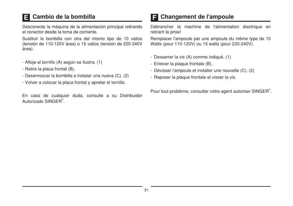 Cambio de la bombilla, Changement de l'ampoule | SINGER 1408 User Manual | Page 58 / 62