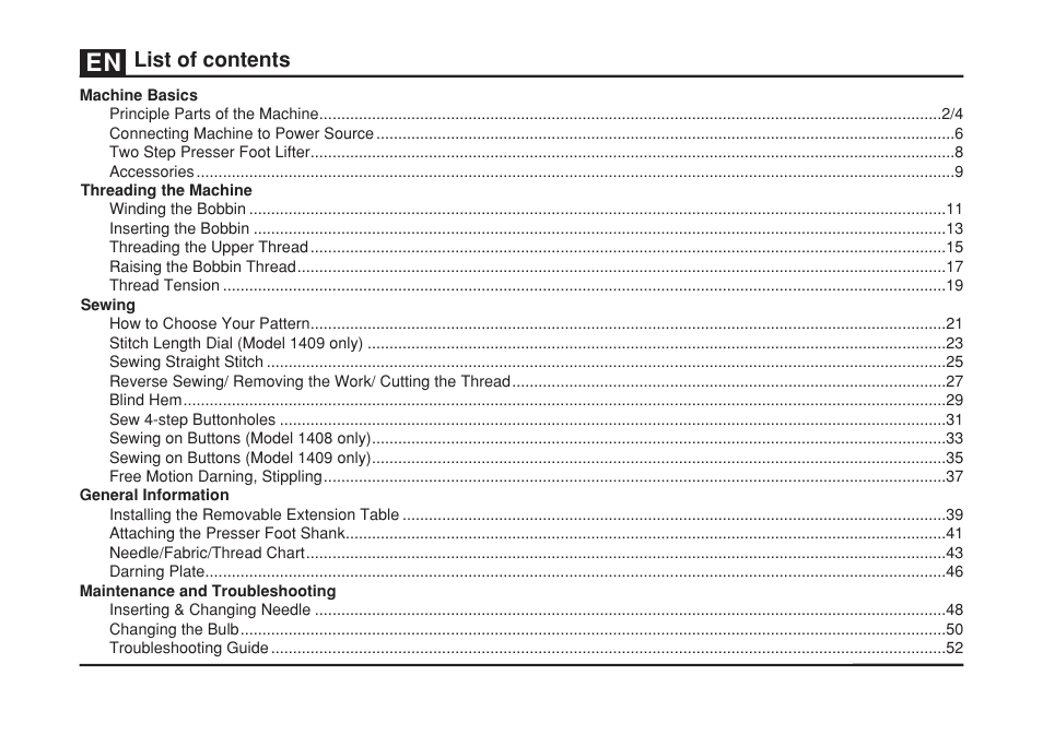 List of contents | SINGER 1408 User Manual | Page 6 / 62