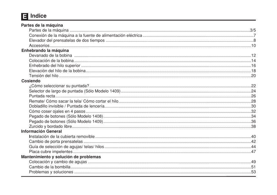 Indice | SINGER 1408 User Manual | Page 7 / 62