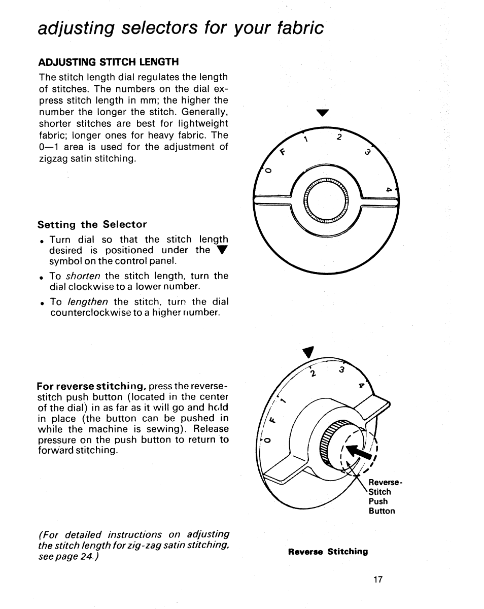 Adjusting selectors for your fabric, Adjusting stitch length, Setting the selector | SINGER 1021 User Manual | Page 21 / 56