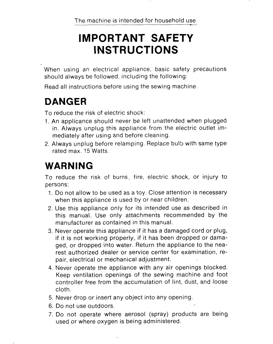 Important safety instructions, Danger, Warning | SINGER 1021 User Manual | Page 3 / 56