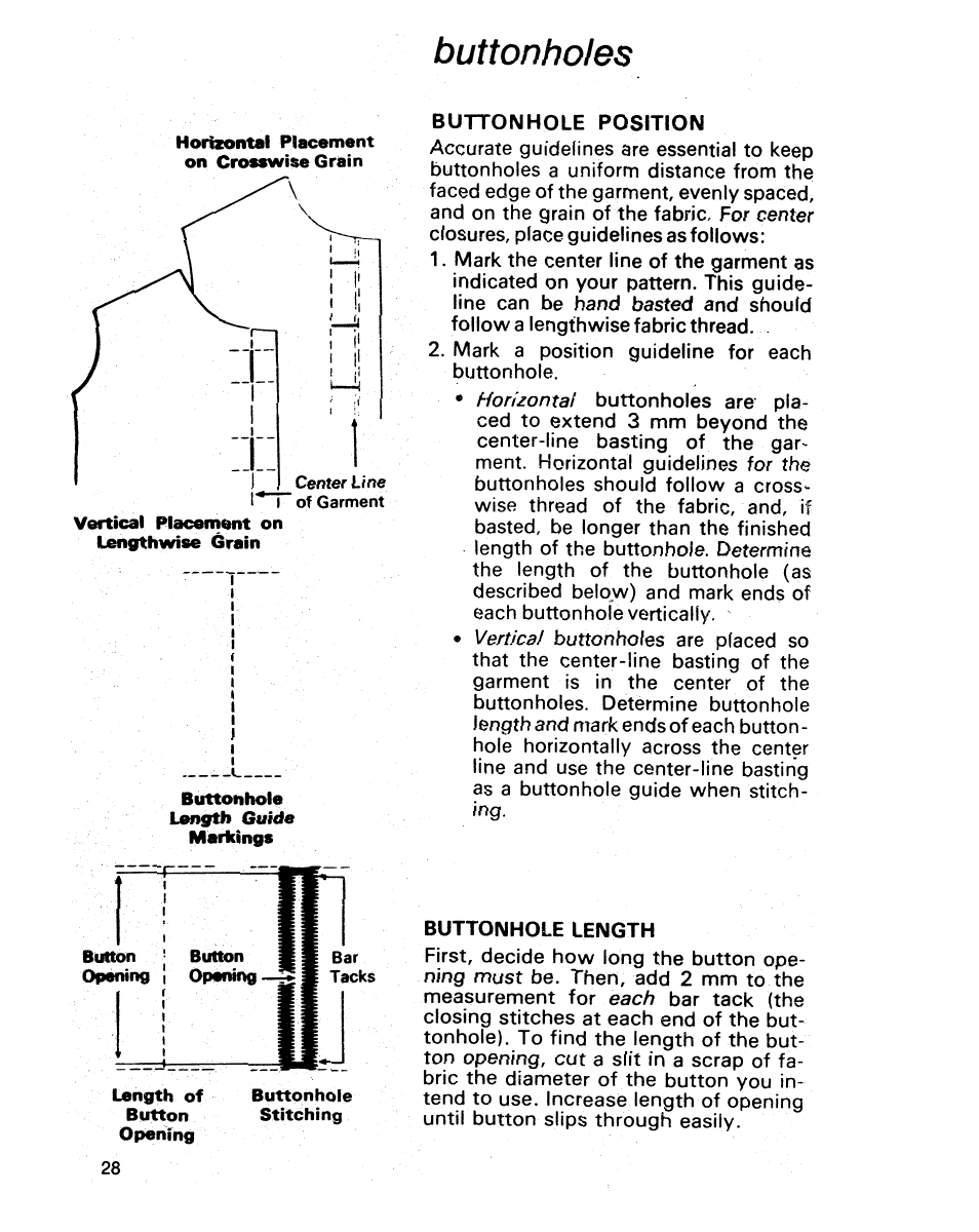 Buttonholes, Buttonhole position, Buttonhole length | SINGER 1021 User Manual | Page 32 / 56