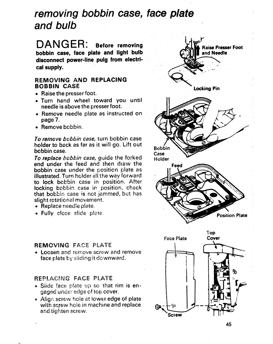 Removing bobbin case, face plate and buib, Danger | SINGER 1021 User Manual | Page 49 / 56