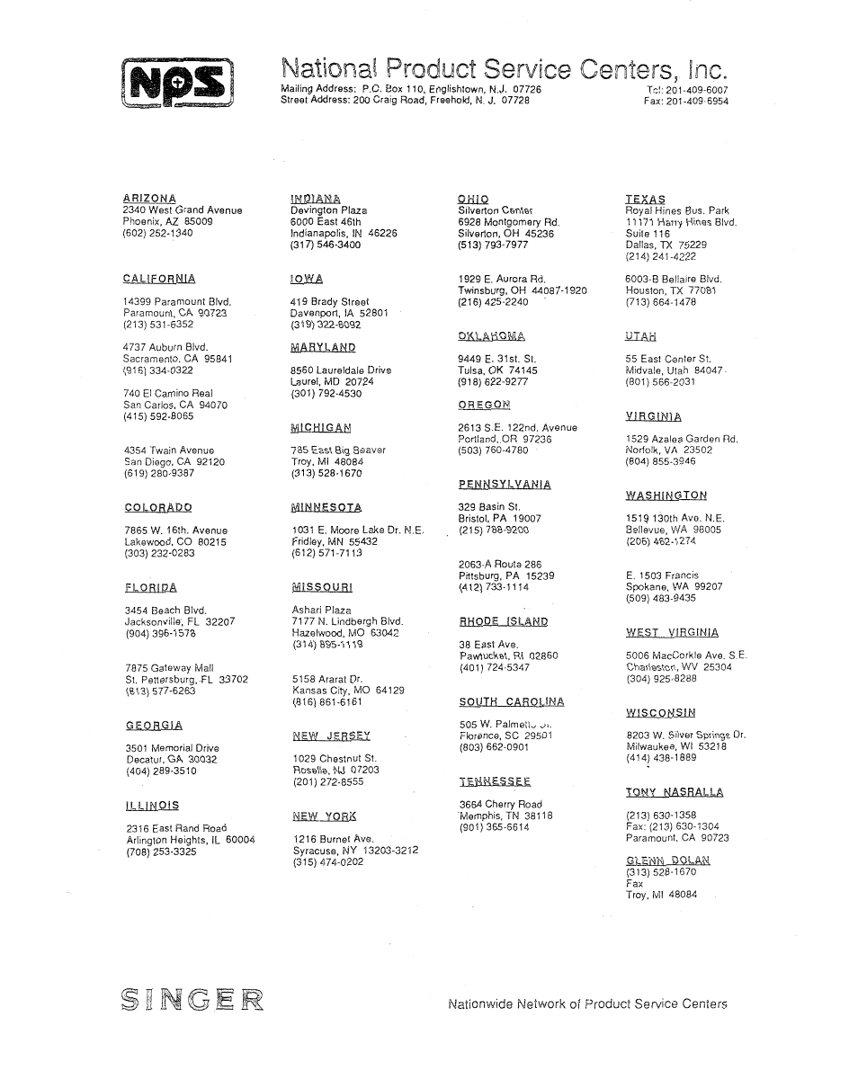 Service centers. inc, Nationwide network of product service centers | SINGER 1021 User Manual | Page 56 / 56