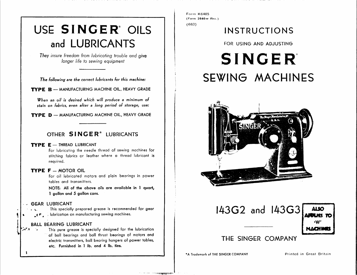 Use singer* oils and lubricants, Other singer* lubricants, Instructions | Singer, Sewing machines, I43g2 and i43g3, Oils and lubricants | SINGER 143G2 User Manual | Page 2 / 12