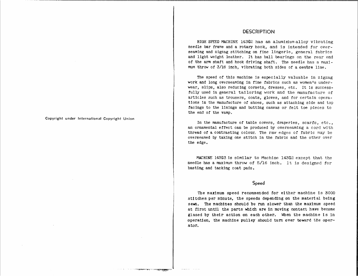 Description, Speed | SINGER 143G2 User Manual | Page 3 / 12