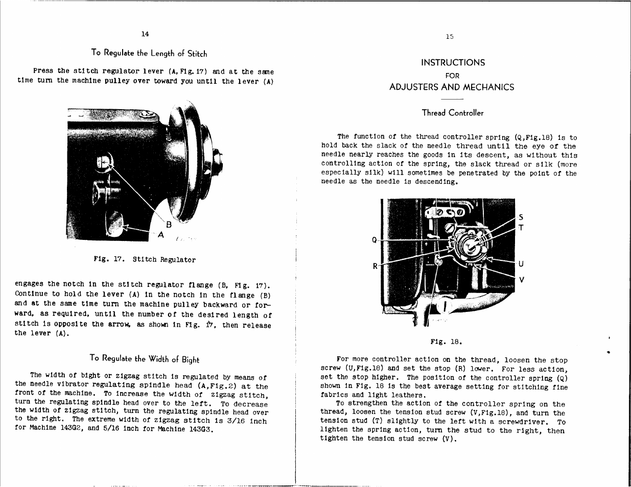 To regulate the length of stitch, To regulate the width of bight, Instructions | Adjusters and mechanics, Thread controller | SINGER 143G2 User Manual | Page 9 / 12