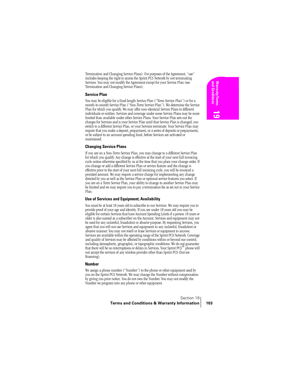 Service plan, Changing service plans, Use of services and equipment; availability | Number | Samsung SPH-N240 User Manual | Page 103 / 118
