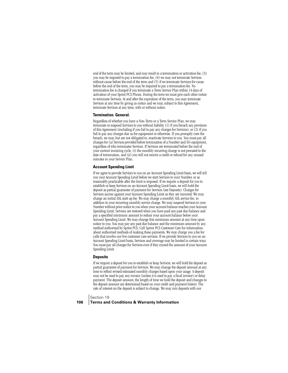 Termination. general, Account spending limit, Deposits | Samsung SPH-N240 User Manual | Page 106 / 118