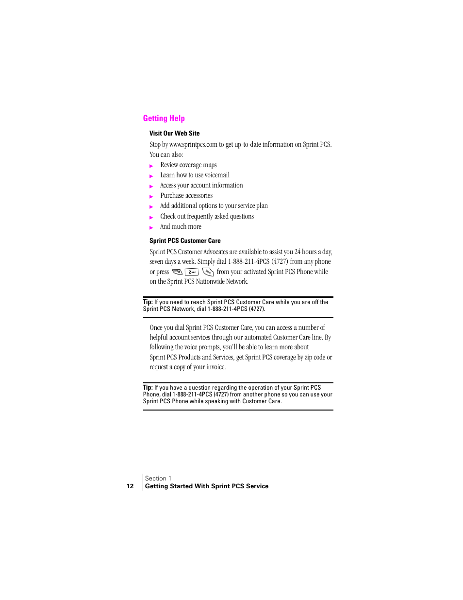 Getting help, Visit our web site, Sprint pcs customer care | Samsung SPH-N240 User Manual | Page 12 / 118