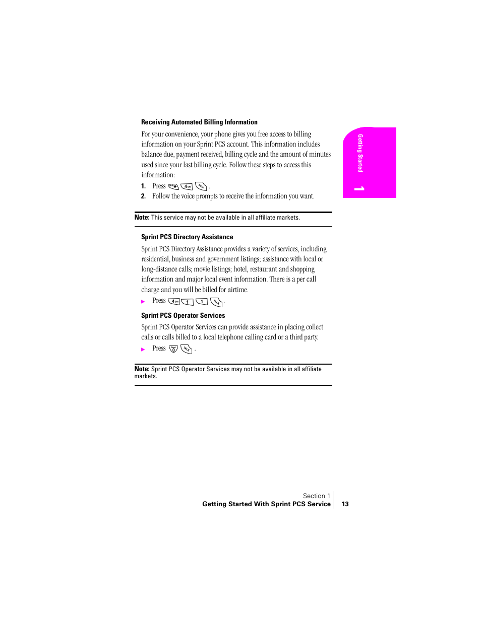 Receiving automated billing information, Sprint pcs directory assistance, Sprint pcs operator services | Samsung SPH-N240 User Manual | Page 13 / 118
