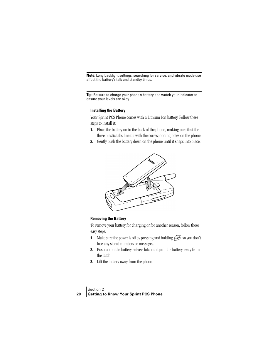 Installing the battery, Removing the battery | Samsung SPH-N240 User Manual | Page 20 / 118