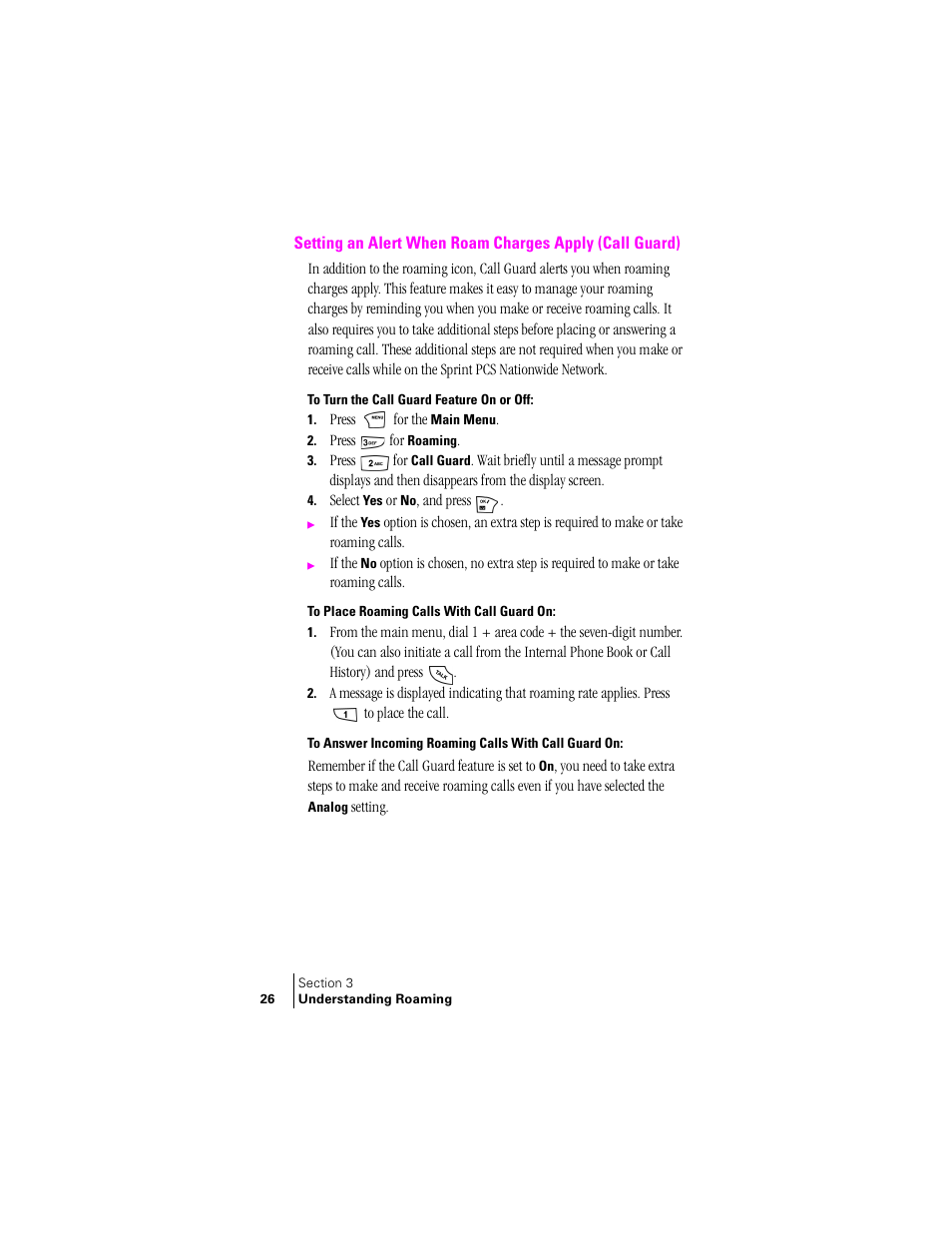 To turn the call guard feature on or off, To place roaming calls with call guard on | Samsung SPH-N240 User Manual | Page 26 / 118