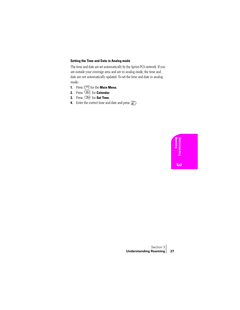 Setting the time and date in analog mode | Samsung SPH-N240 User Manual | Page 27 / 118