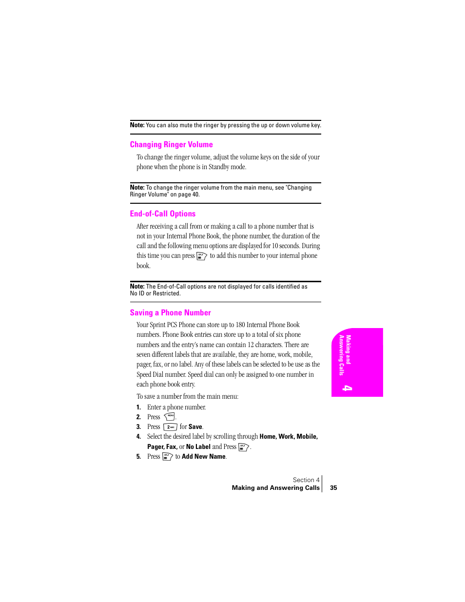 Changing ringer volume, End-of-call options, Saving a phone number | Samsung SPH-N240 User Manual | Page 35 / 118