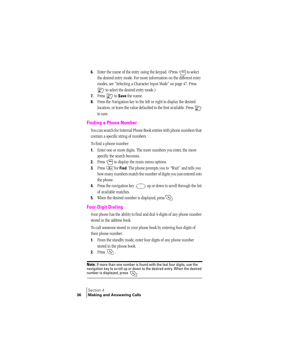 Finding a phone number, Four-digit dialing | Samsung SPH-N240 User Manual | Page 36 / 118