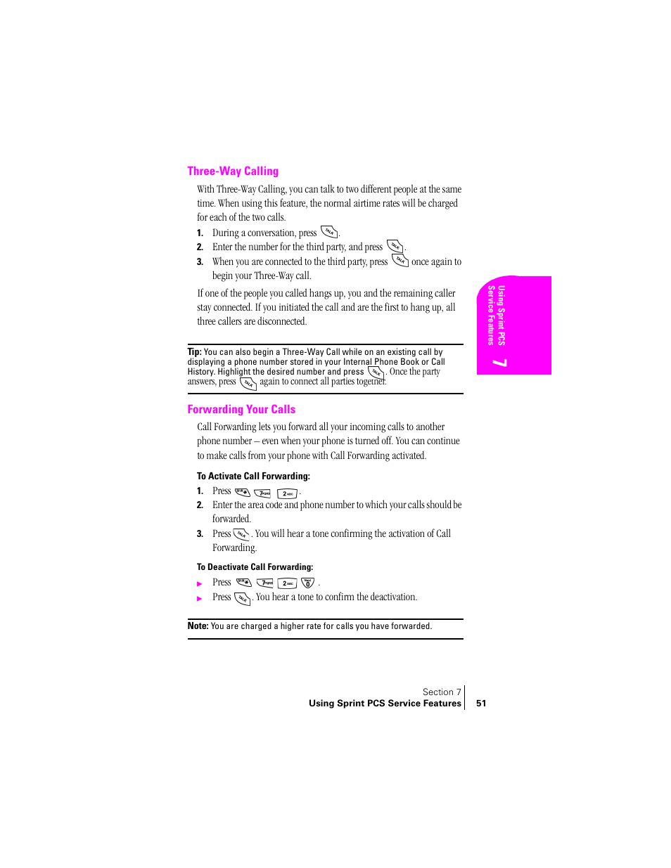 Three-way calling, Forwarding your calls, To activate call forwarding | To deactivate call forwarding | Samsung SPH-N240 User Manual | Page 51 / 118