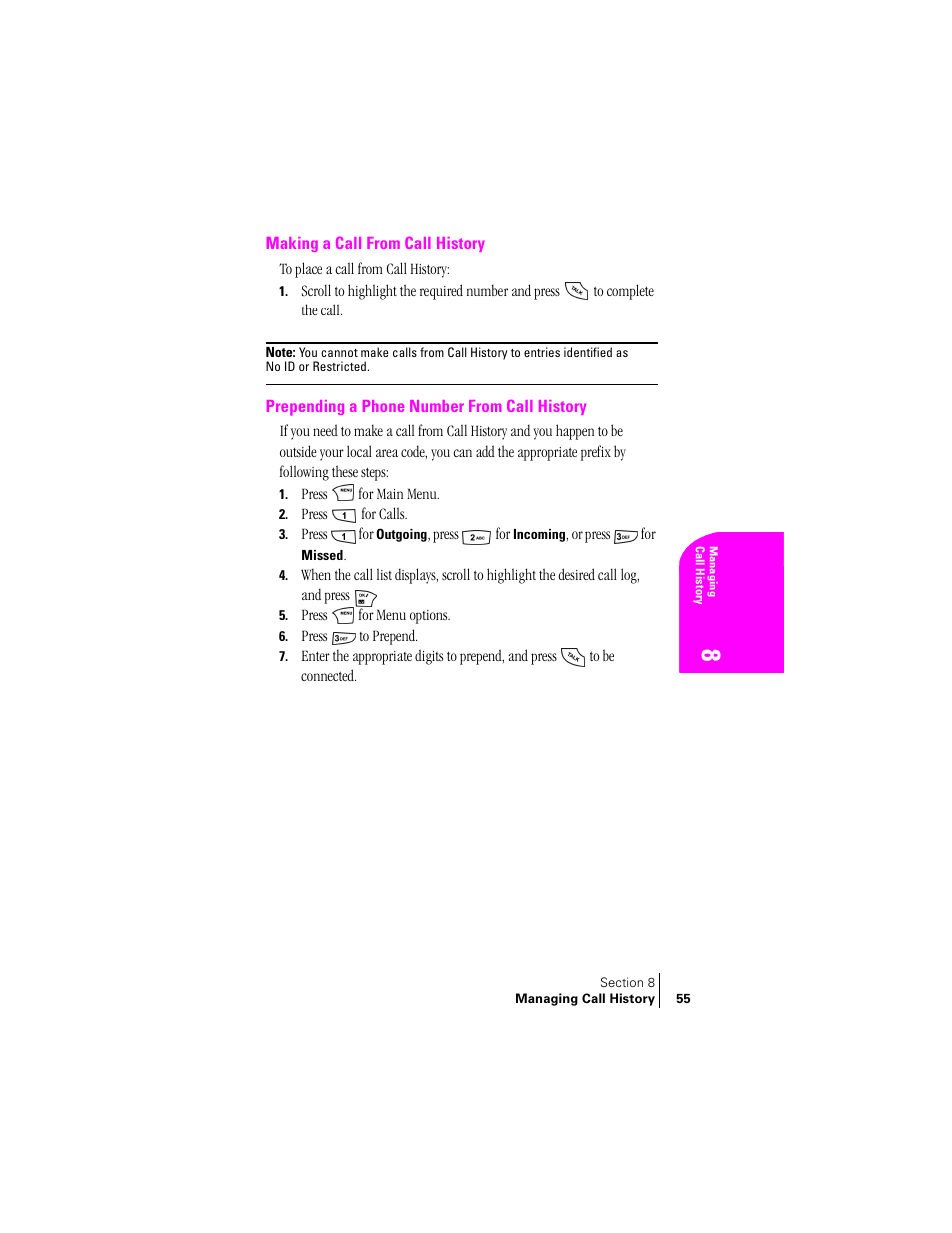 Making a call from call history, Prepending a phone number from call history | Samsung SPH-N240 User Manual | Page 55 / 118