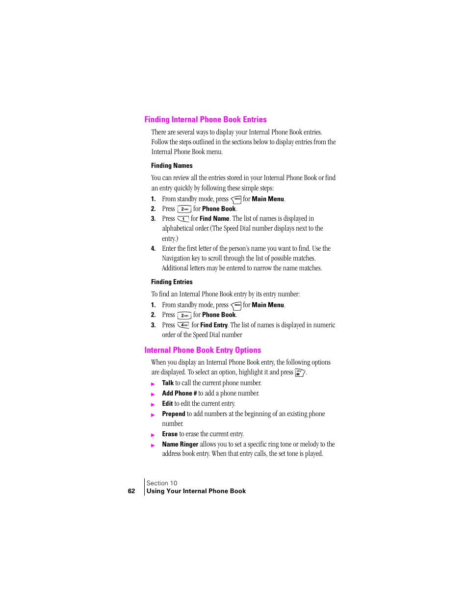 Finding internal phone book entries, Finding names, Finding entries | Internal phone book entry options | Samsung SPH-N240 User Manual | Page 62 / 118