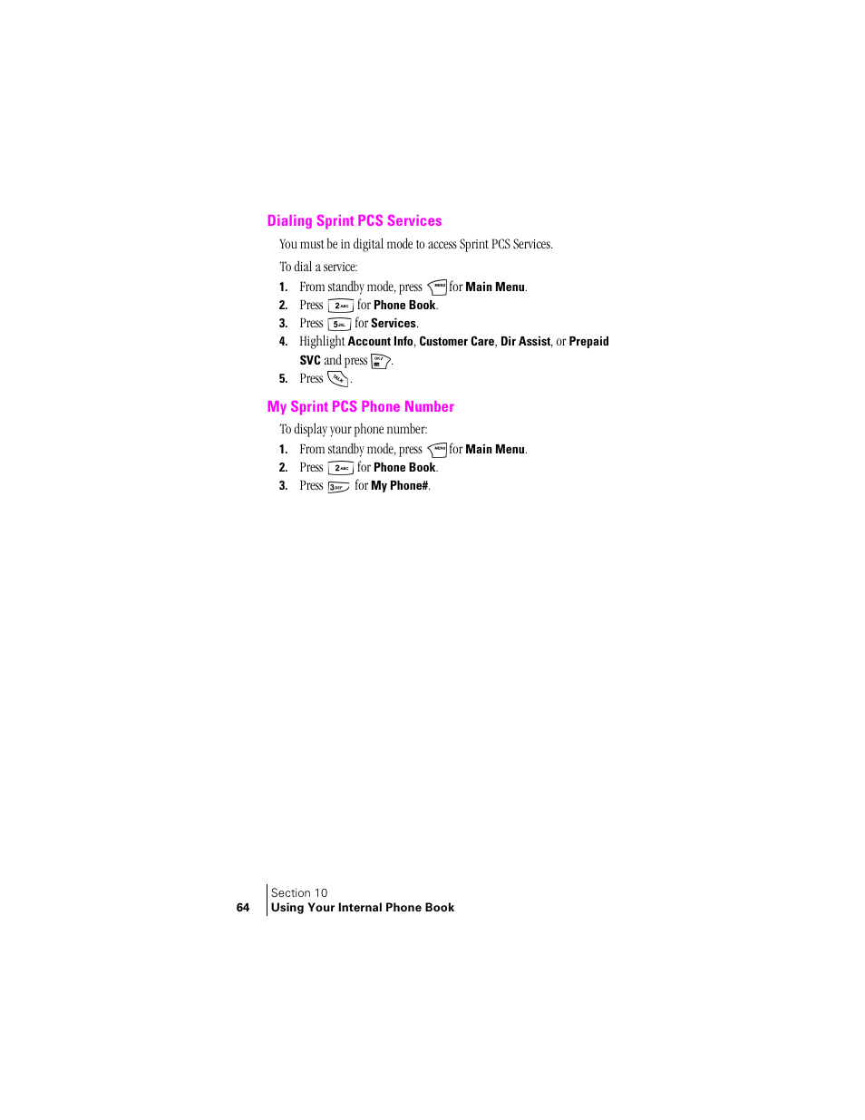 Dialing sprint pcs services, My sprint pcs phone number | Samsung SPH-N240 User Manual | Page 64 / 118