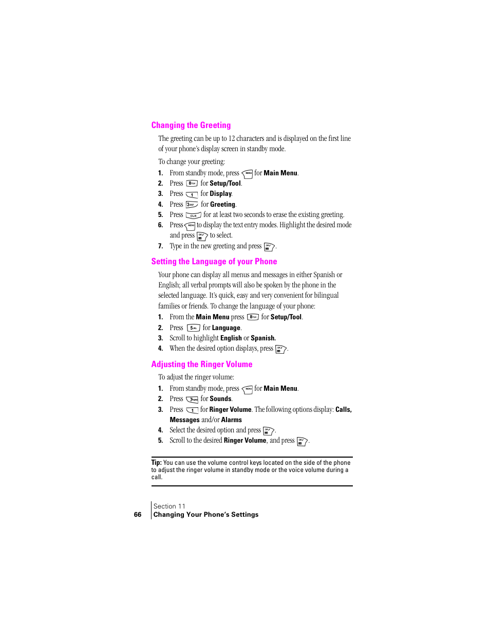 Changing the greeting, Setting the language of your phone, Adjusting the ringer volume | Samsung SPH-N240 User Manual | Page 66 / 118