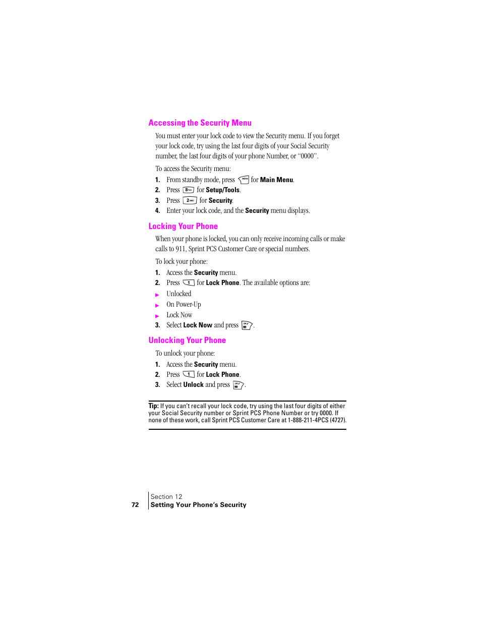 Accessing the security menu, Locking your phone, Unlocking your phone | Samsung SPH-N240 User Manual | Page 72 / 118