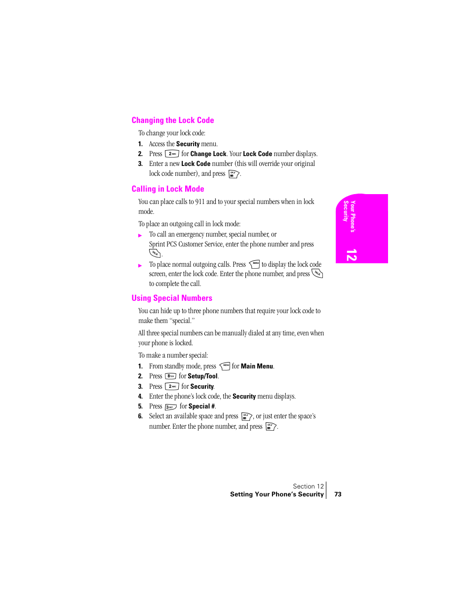 Changing the lock code, Calling in lock mode, Using special numbers | Samsung SPH-N240 User Manual | Page 73 / 118