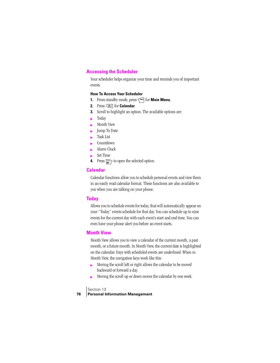 Accessing the scheduler, How to access your scheduler, Calendar | Today, Month view | Samsung SPH-N240 User Manual | Page 76 / 118