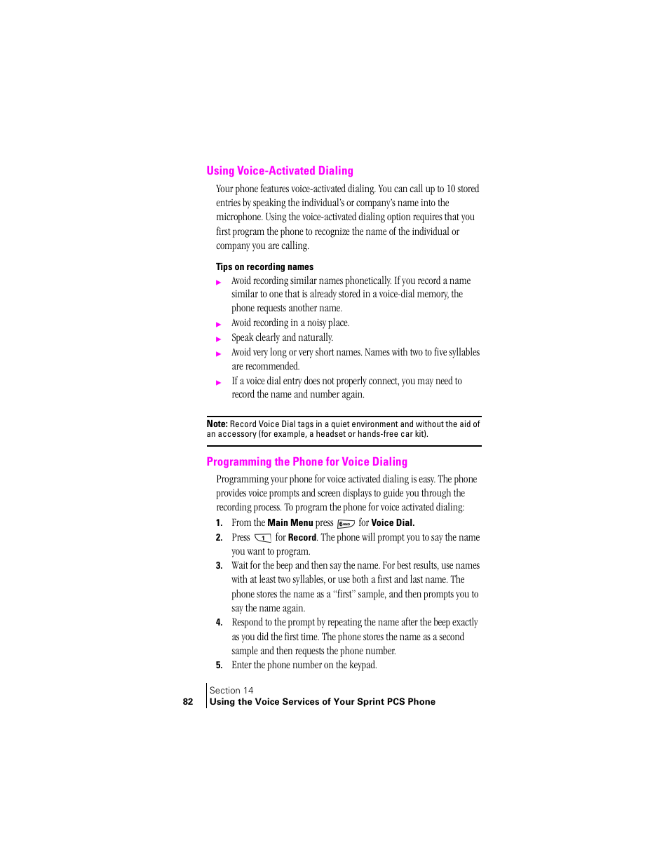 Using voice-activated dialing, Tips on recording names, Programming the phone for voice dialing | Samsung SPH-N240 User Manual | Page 82 / 118