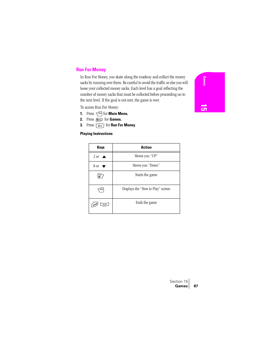 Run for money, Playing instructions | Samsung SPH-N240 User Manual | Page 87 / 118