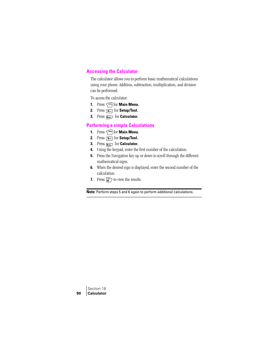 Accessing the calculator, Performing a simple calculations | Samsung SPH-N240 User Manual | Page 90 / 118