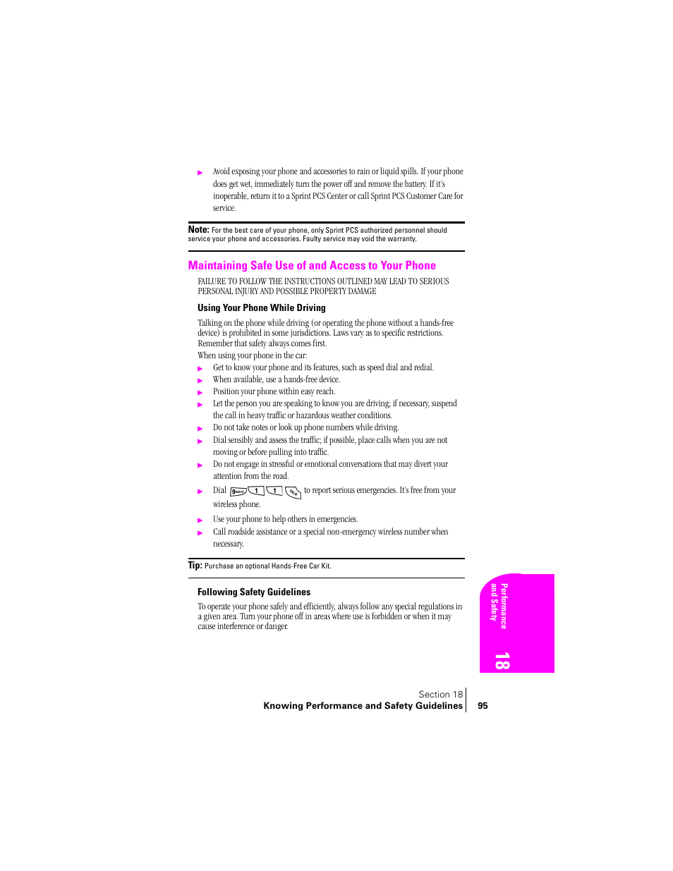 Maintaining safe use of and access to your phone, Using your phone while driving, Following safety guidelines | Samsung SPH-N240 User Manual | Page 95 / 118
