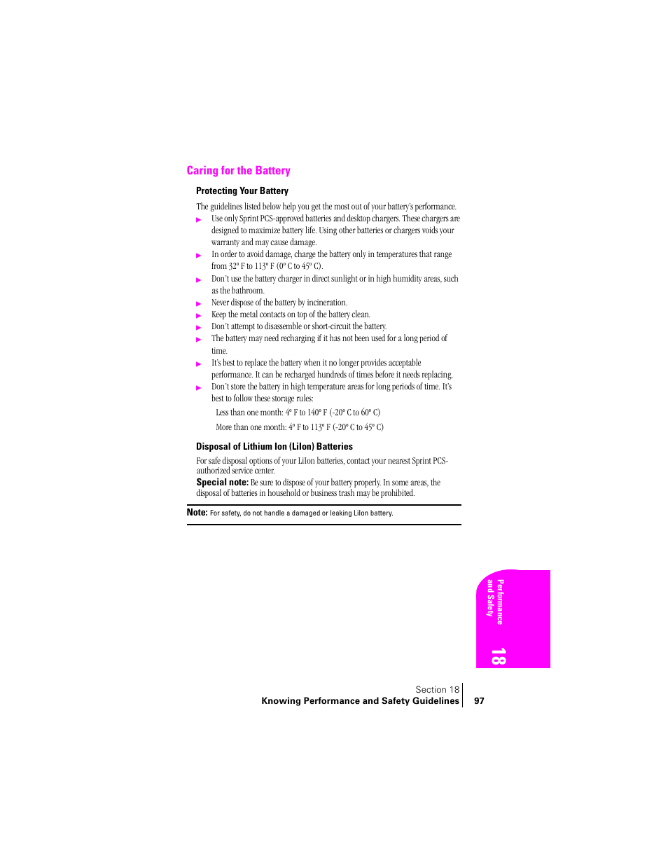 Caring for the battery, Protecting your battery, Disposal of lithium ion (liion) batteries | Samsung SPH-N240 User Manual | Page 97 / 118