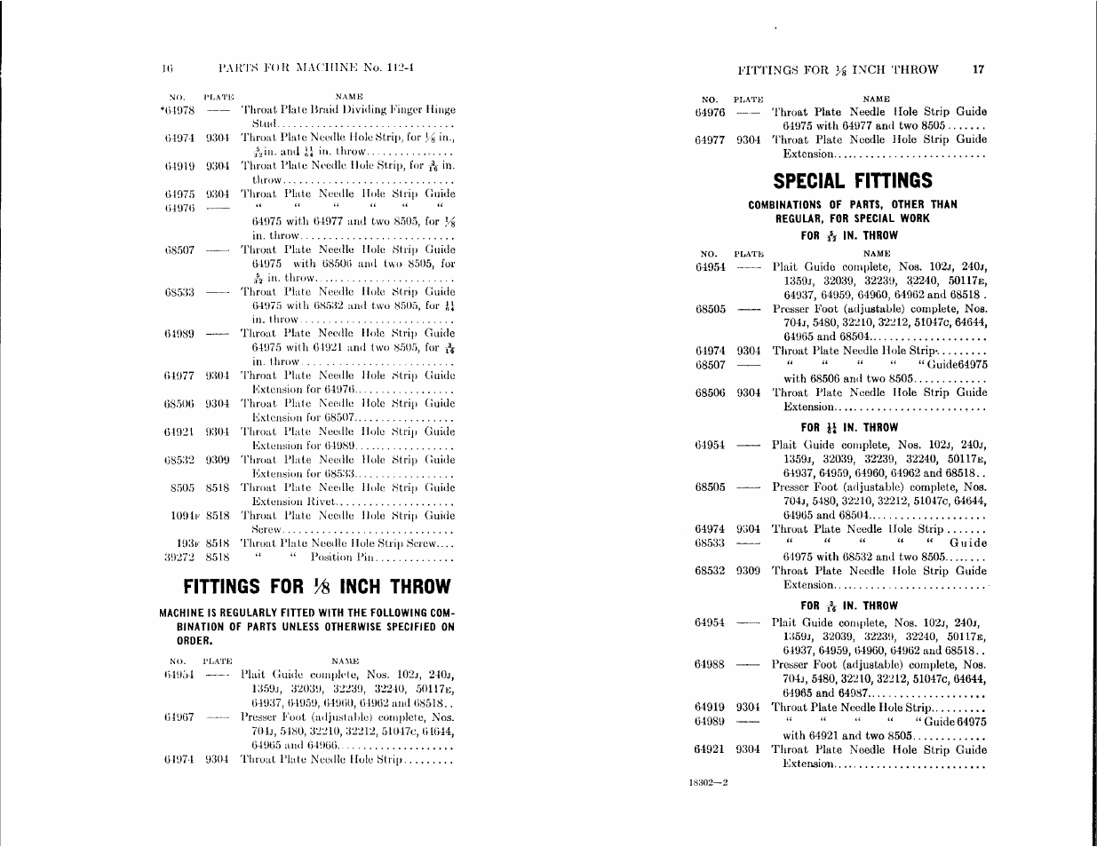 Fittings for inch throw, Special finings | SINGER 112-4 User Manual | Page 8 / 23