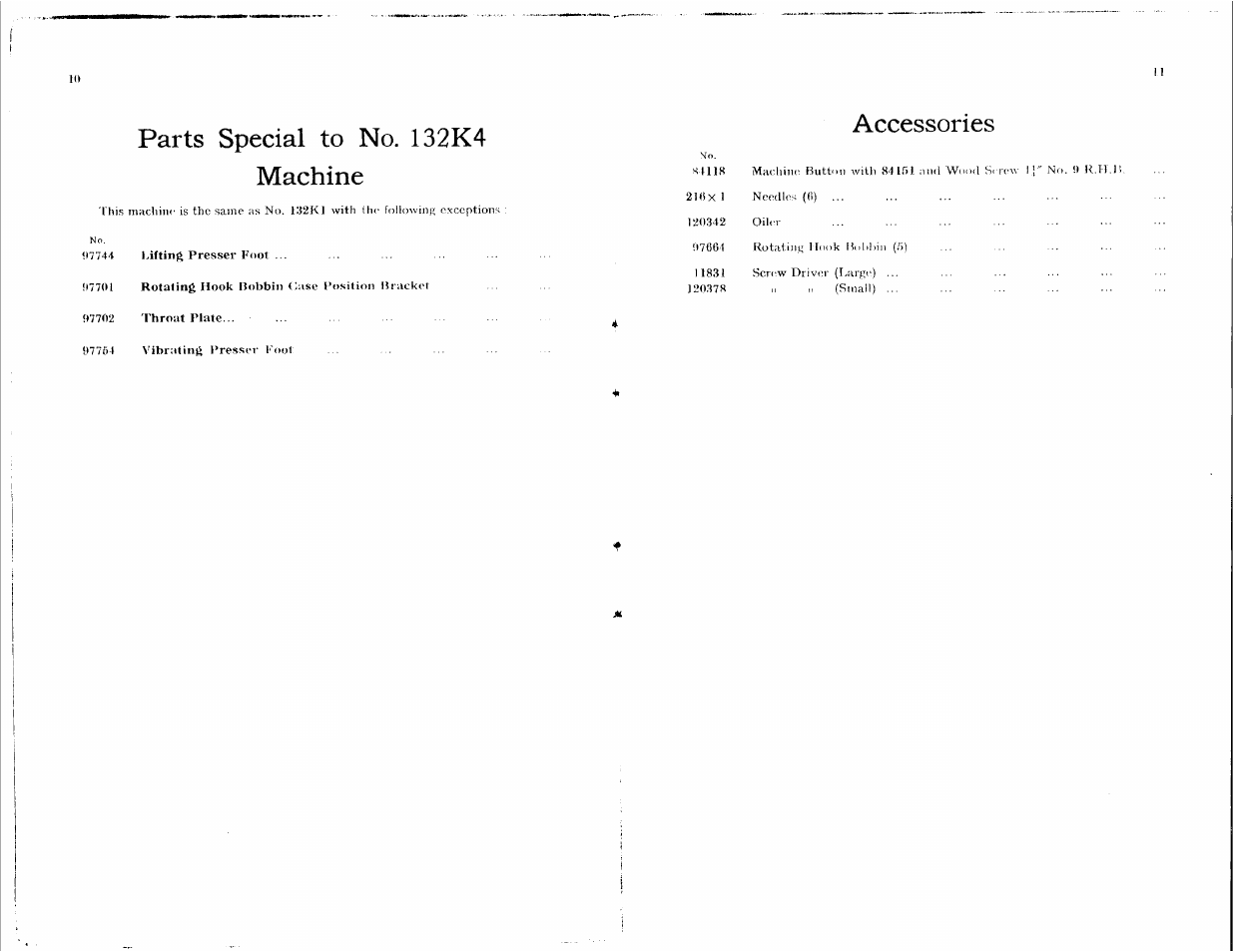 Parts special to no. 132k4 machine, Accessories | SINGER 132K4 User Manual | Page 7 / 9