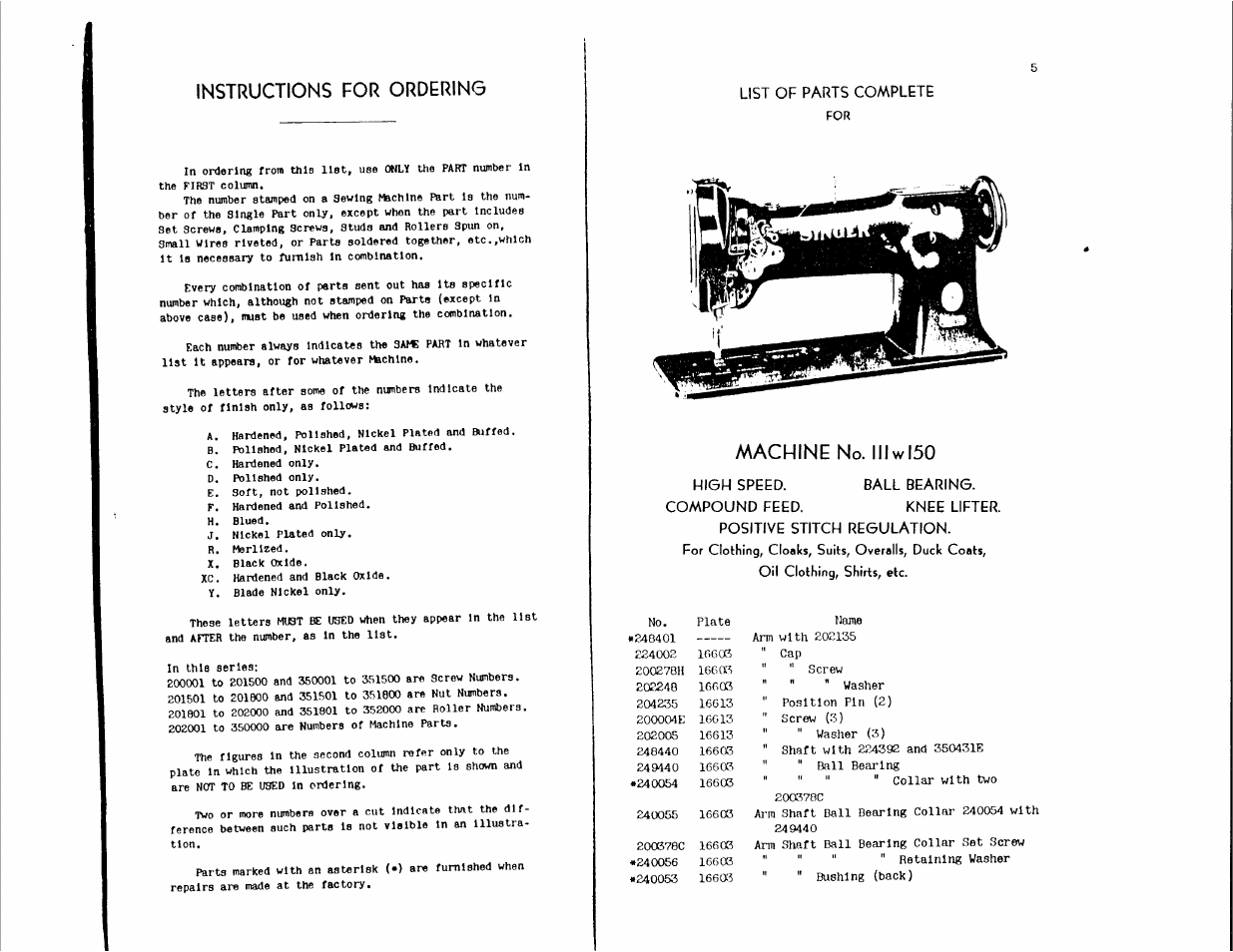 Instructions for ordering, Machine no. illwl50, High speed. ball bearing | Compound feed. knee lifter, Positive stitch regulation | SINGER 111W150 User Manual | Page 2 / 24