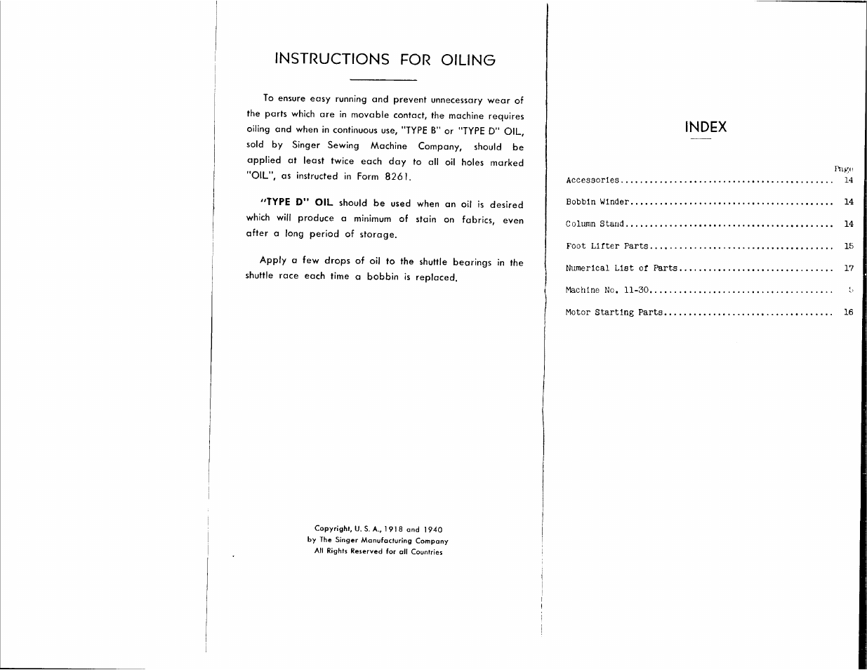Instructions for oiling | SINGER 11-30 User Manual | Page 2 / 19