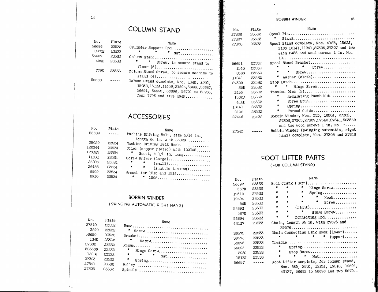 Column stand, Accessories, Foot lifter parts | SINGER 11-30 User Manual | Page 8 / 19