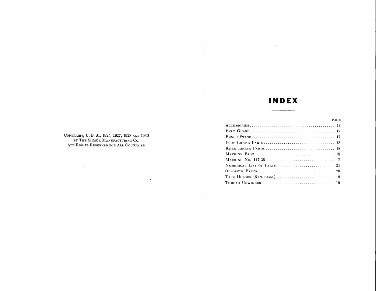 Index | SINGER 147-35 User Manual | Page 2 / 30