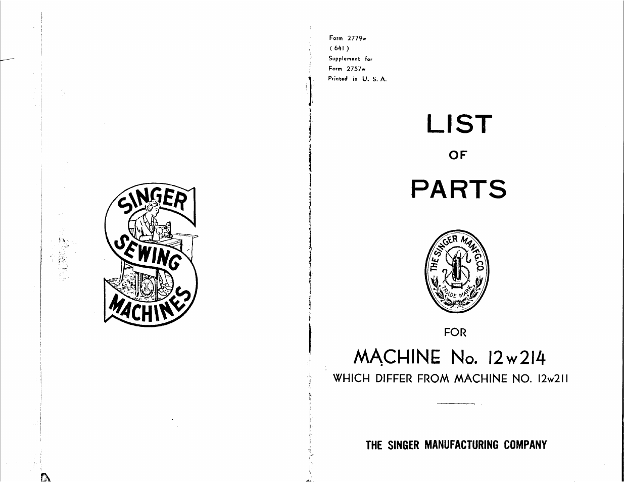 List, Parts, Mchine no. i2w2l4 | The singer manufacturing company | SINGER 12W214 User Manual | Page 2 / 5