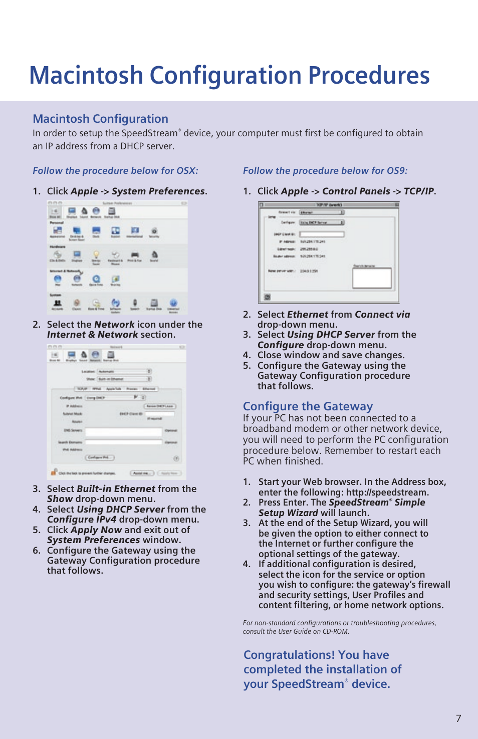Macintosh configuration procedures, Macintosh configuration, Configure the gateway | Device | SINGER SpeedStream 6500 Series User Manual | Page 7 / 8